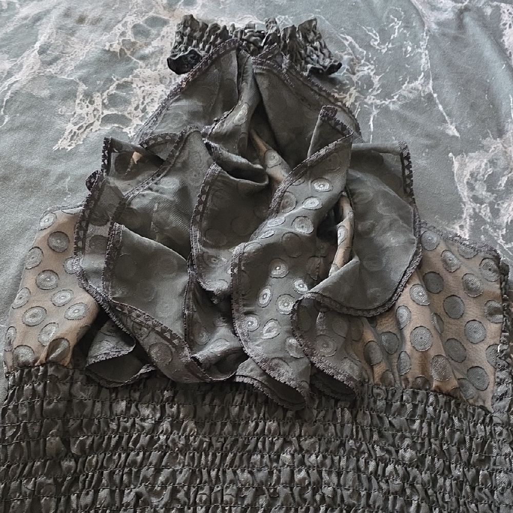 Elegant Black Grey Layered Ruffle No Sleeve Semi See Through Tunic Cropped Top - Picture 11 of 16